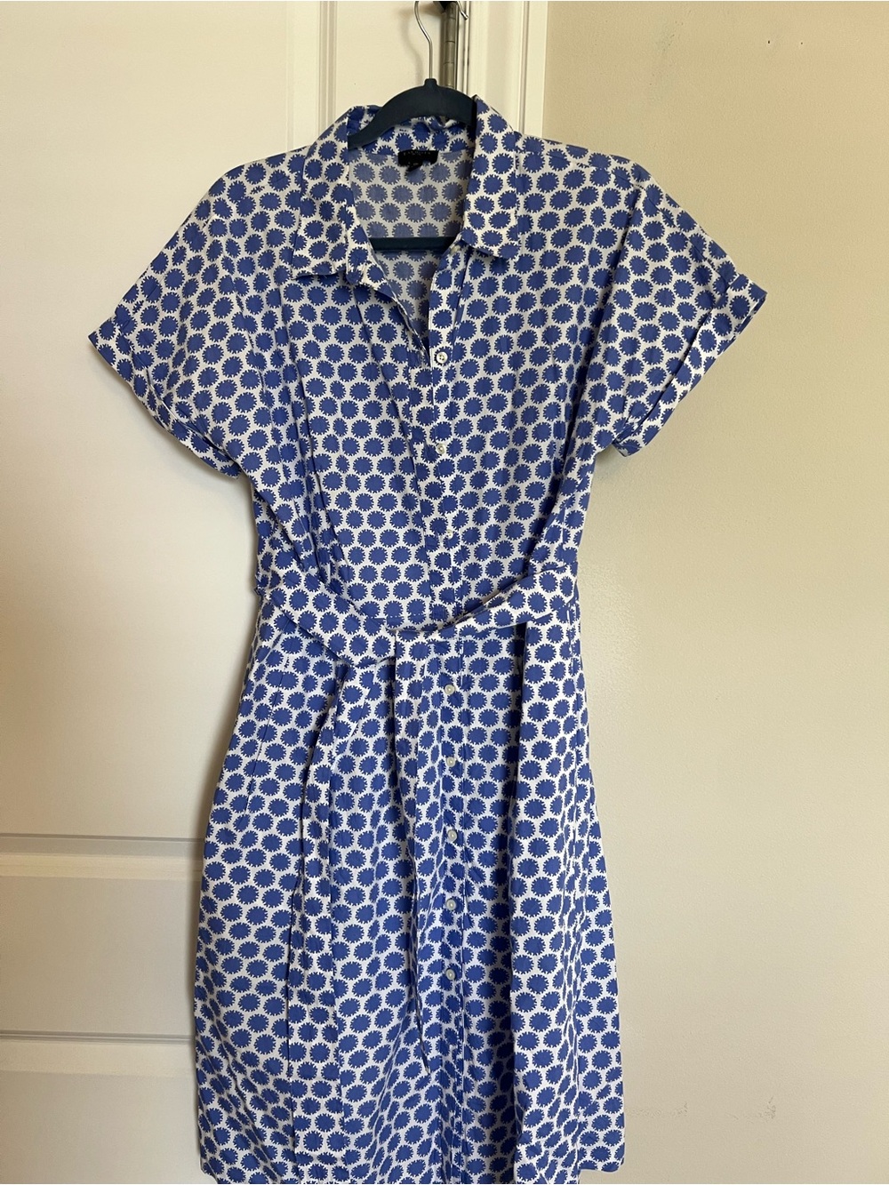 Talbots Blue and White Printed Midi Shirt Dress with Waist Tie